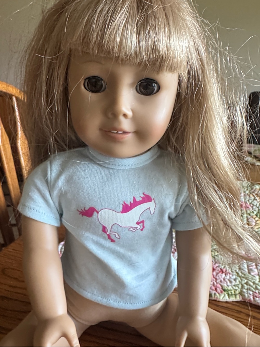 Pleasant Company American Girl Light Blue Doll Tee with Pink Horse Graphic